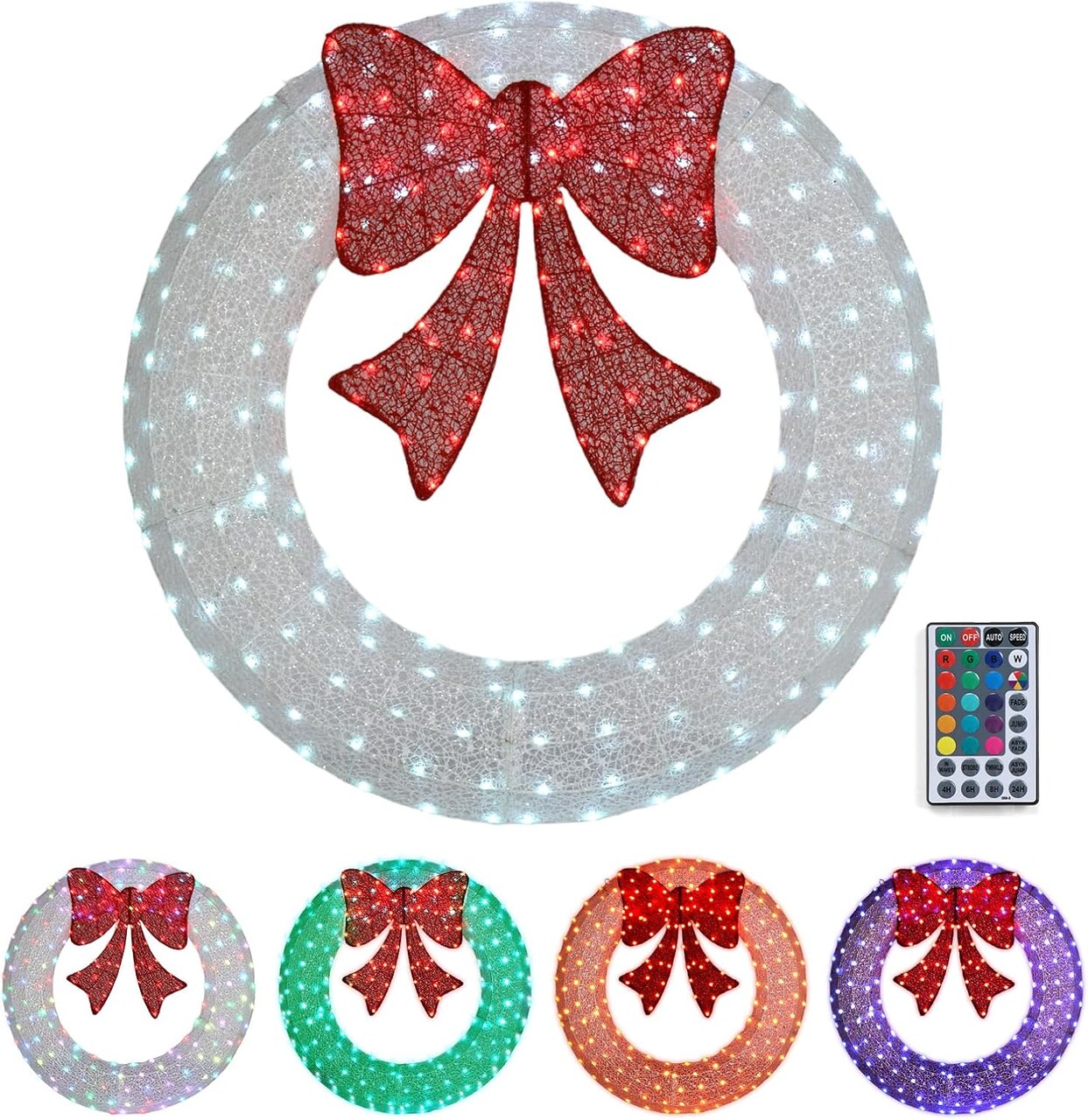 48 Inch Pre-lit Large Christmas Wreath with 224 LED Multi-Color Lights, Christmas Door Wreath for Garage, Outdoor Christmas Wreath with Red Bow, Timer Remote Control, Plug-in, White